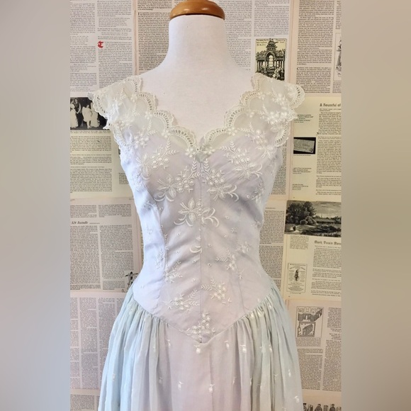 Vintage 1956 Eyelet Organza Pastel Periwinkle Blue Wedding Gown - Picture 2 of 9